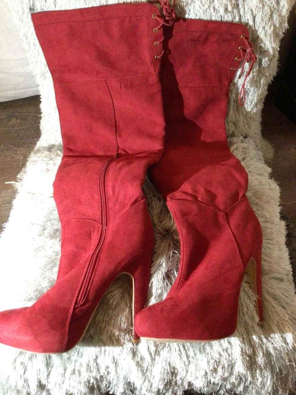 Candy Apple Red suede gold tip lace tie thigh high heeled boot